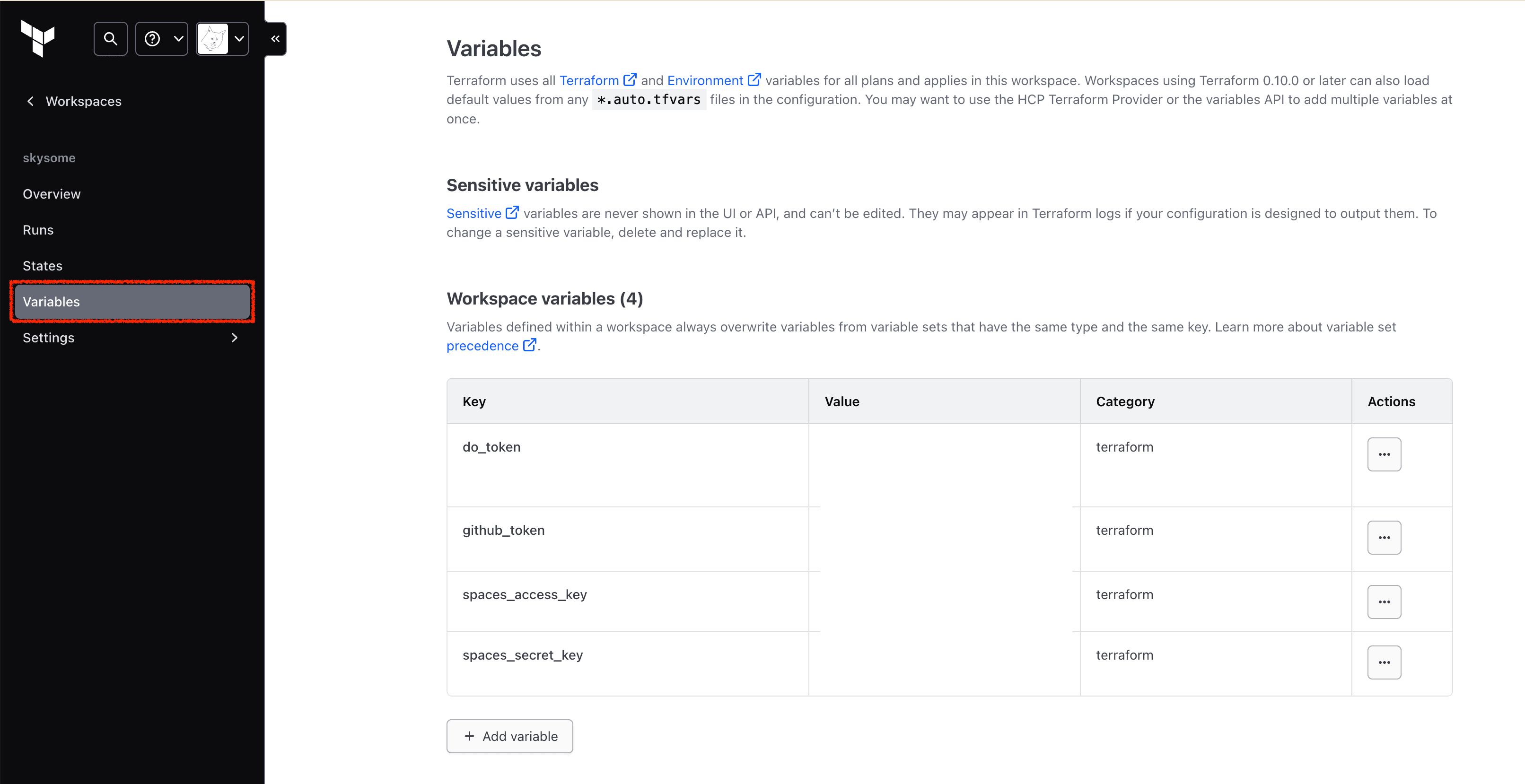 GitHub에서 만든 키를 워크스페이스의 variables 탭에서 설정합니다. DO 관련 변수들도 추후 설정합니다.
